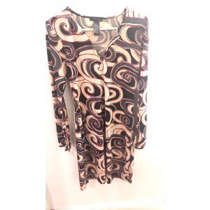 Retro Kenneth Cole Swirl Print Knit Dress M A-Line Stretch Long Sleeve V-Neck